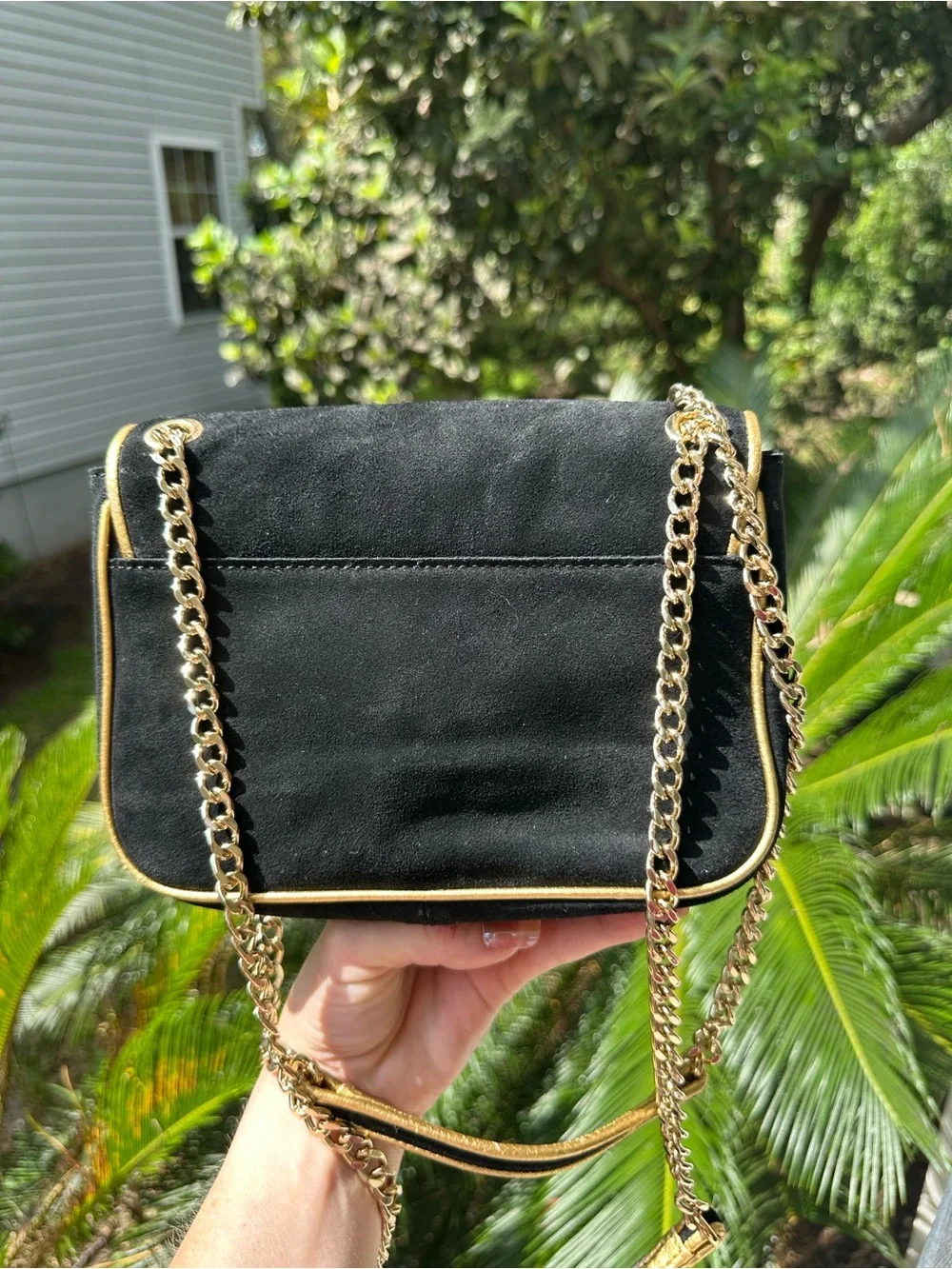 Michael Kors Black Suede Shoulder Bag with Gold Trim
